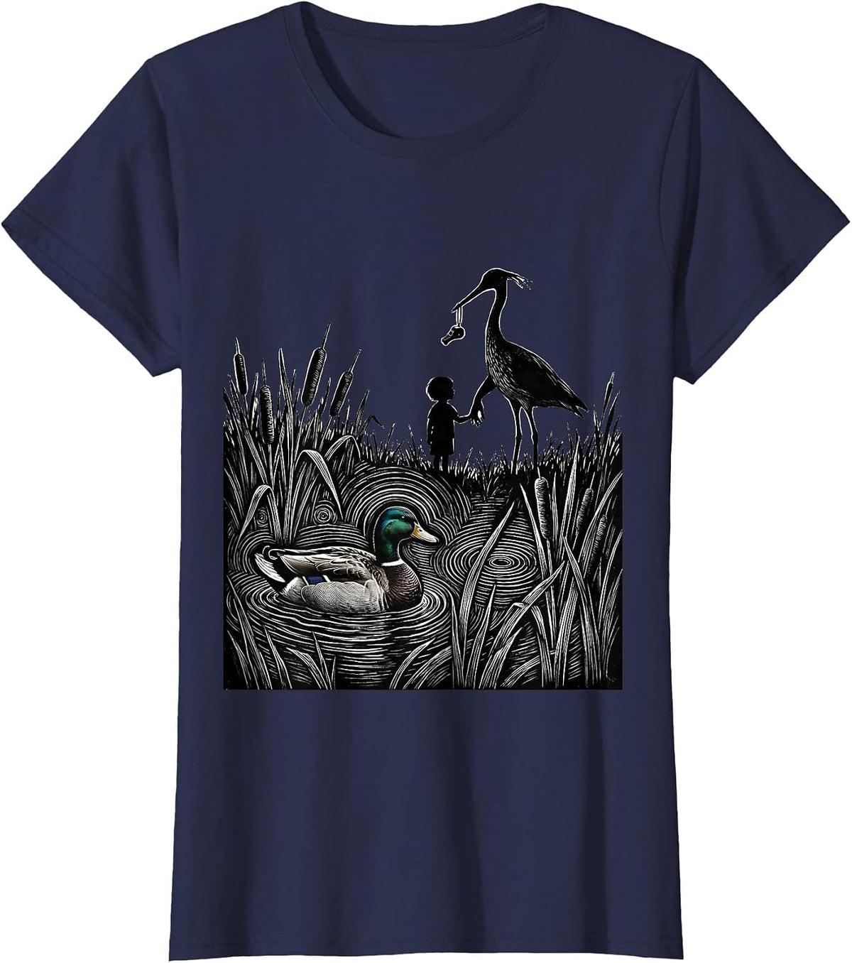 Women's Duck Hunting Mallard Family Silhouette Scratchboard Camo T-Shirt - Navy Blue