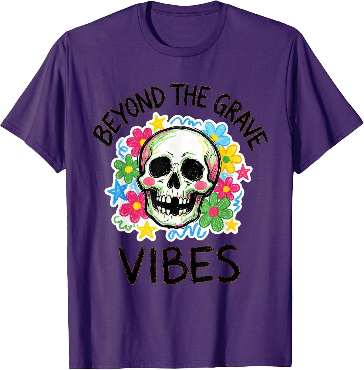 Beyond the Grave Vibes Skull Graphic Design T-Shirt - Purple