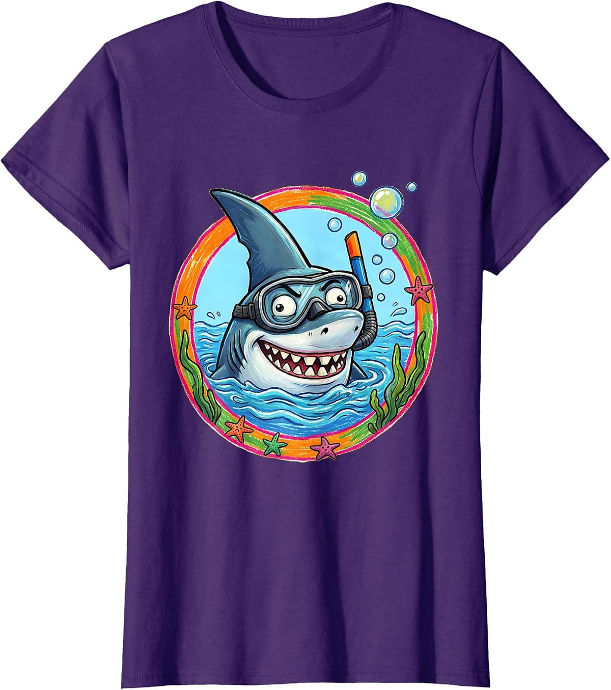 Women's Derpy Shark in Snorkel Underwater Funny Design T-Shirt - Purple