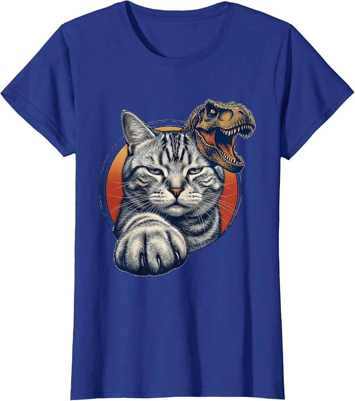 Women's Cropped Silver Tabby Cat Face Funny T-Rex Dinosaur Meme T-Shirt - Royal Blue