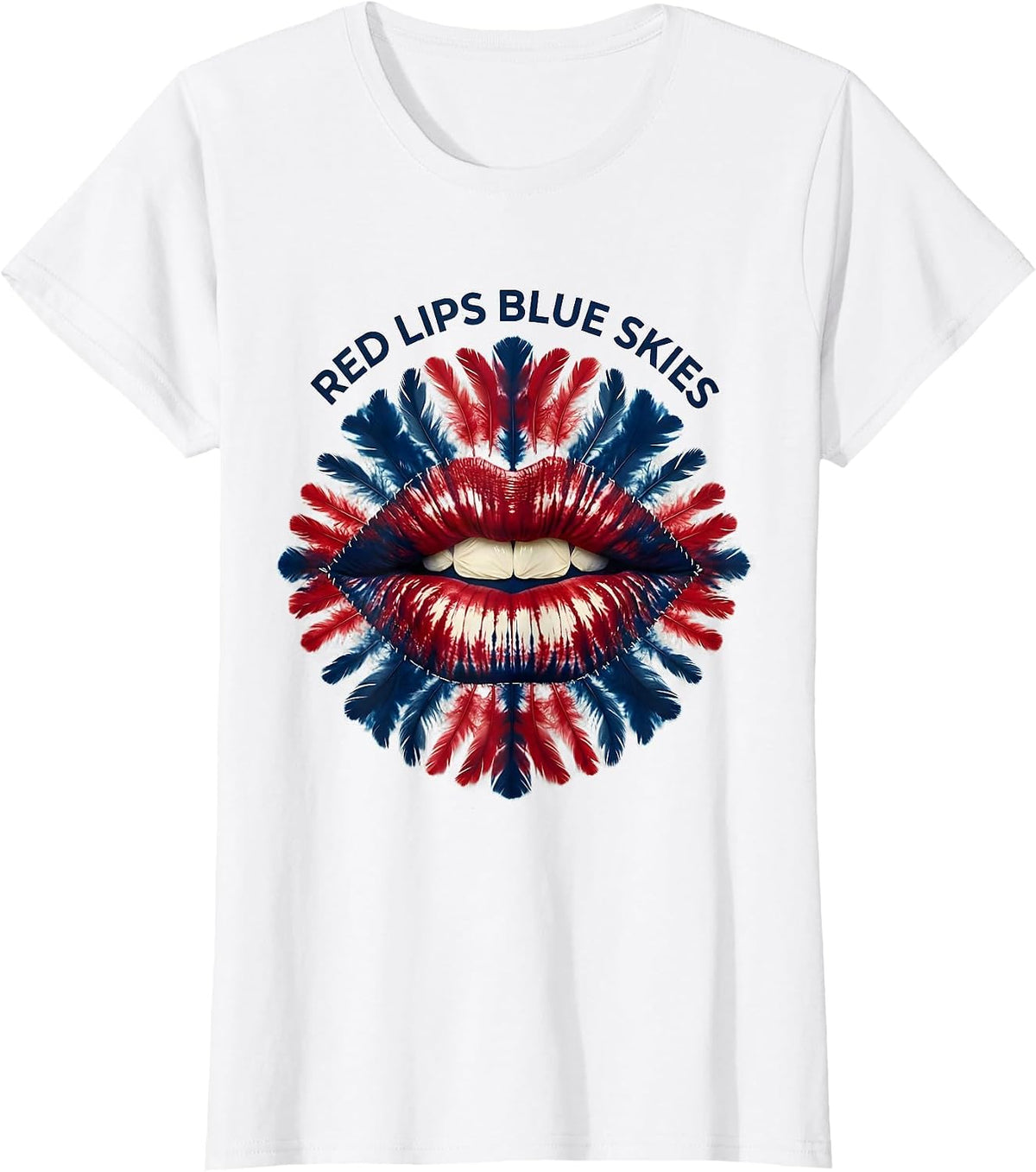Women's Red Lips Blue Skies Red White and Blue Design T-Shirt - White