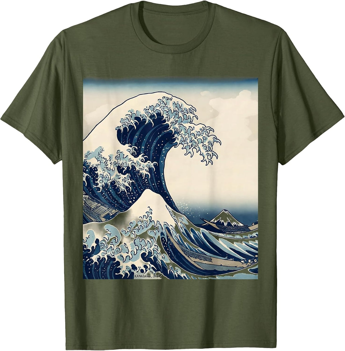 Kanagawa Japan Ukiyo-e Great Wave Art Tribute T-Shirt - Olive Green
