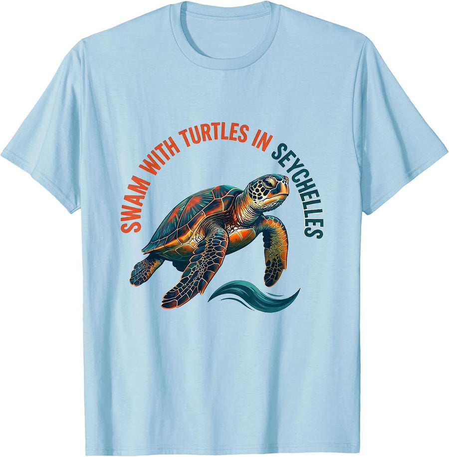 Men's Swam With Turtles In Seychelles Sea Turtle Lover Vacation T-Shirt - Baby Blue