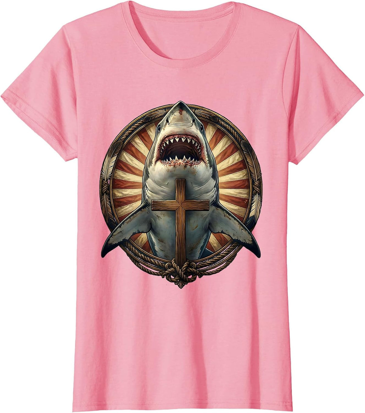 Women's Great White Shark Below the Surface Illustration T-Shirt - Pink