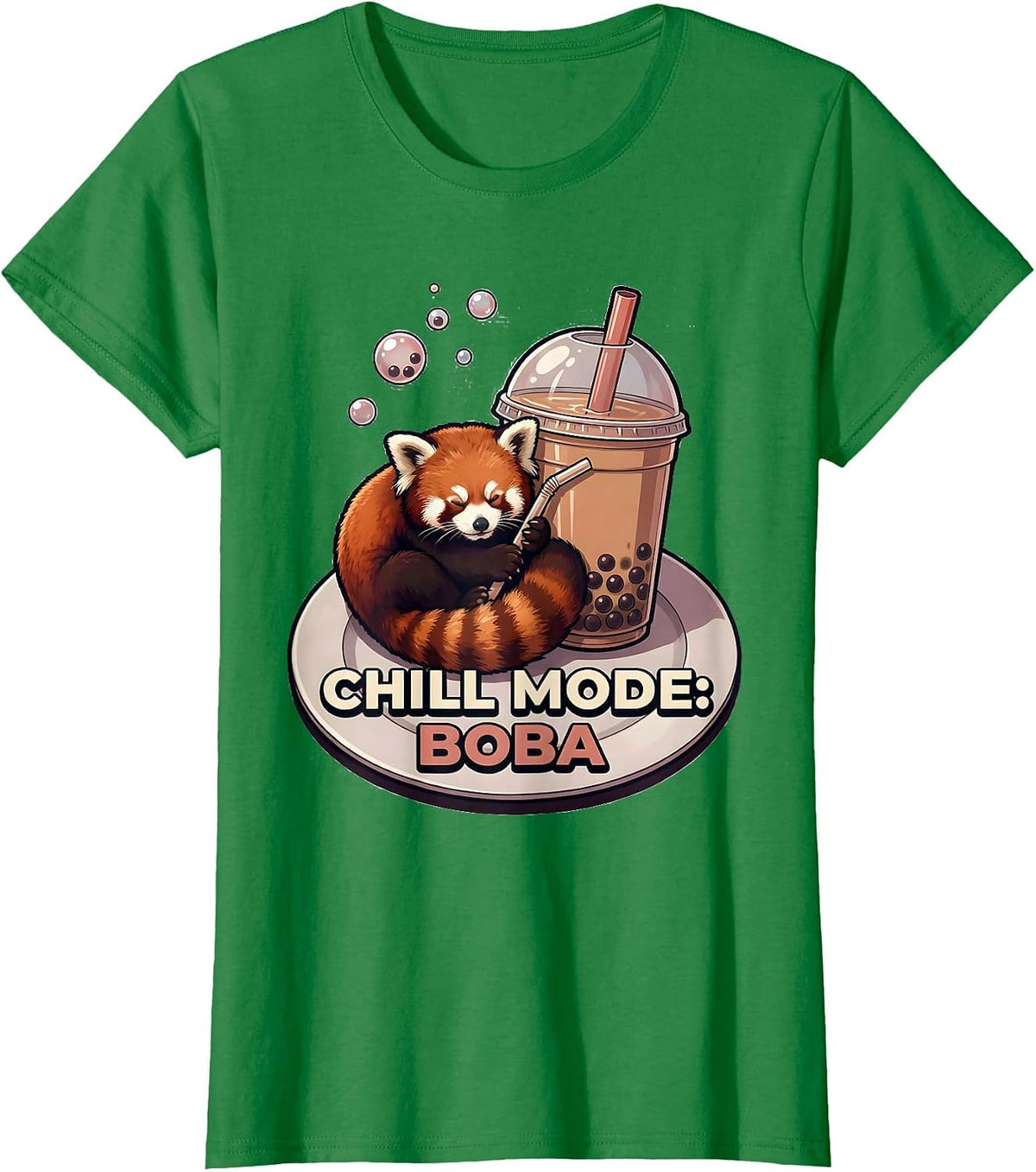 Women's Chill Mode: Boba Cute Panda Boba Tea Kawaii Anime Girl T-Shirt - Kelly Green