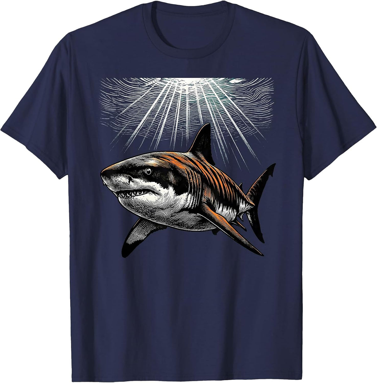 Tiger Shark Tropical Sunset Ocean Art T-Shirt - Navy Blue