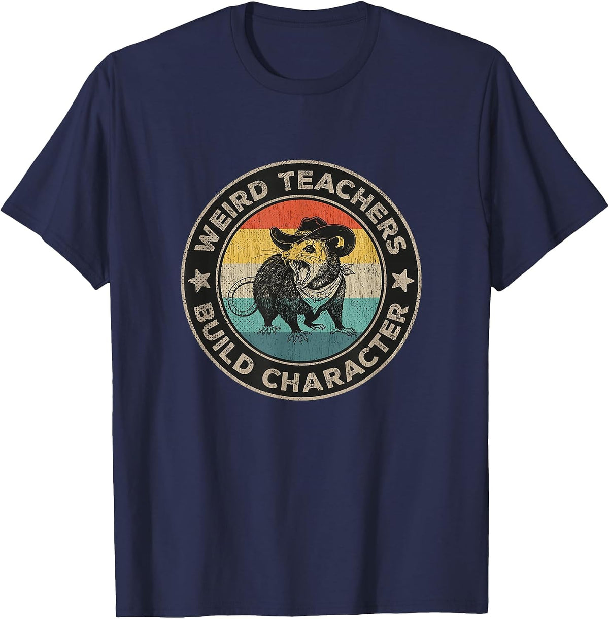 Weird Teachers Build Character Funny Teacher Retro Opossum T-Shirt - Navy Blue