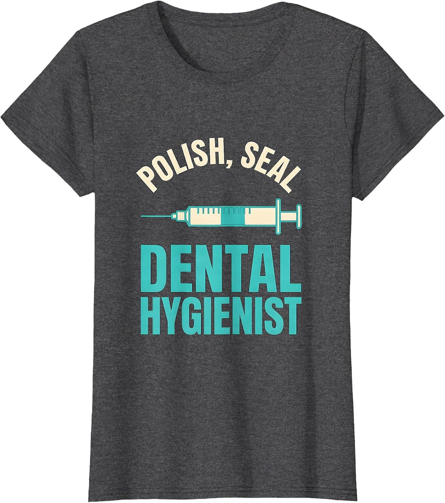 Women's Polish Seal Dental Hygienist Funny Dental Squad Humor T-Shirt - Dark Heather Grey