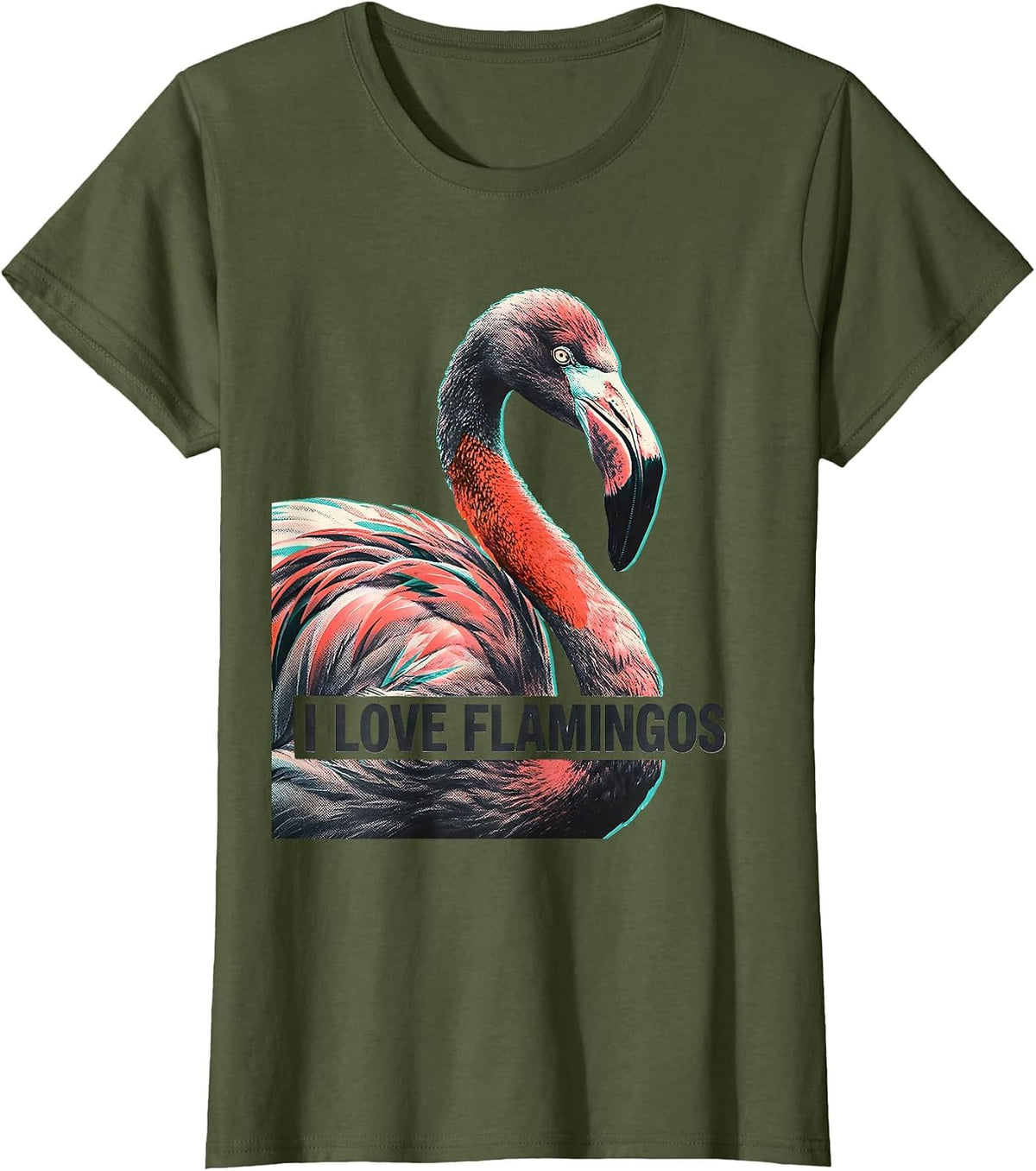 Women's I Love Flamingos Vintage Retro Bird Lover Nature Graphic T-Shirt - Olive Green