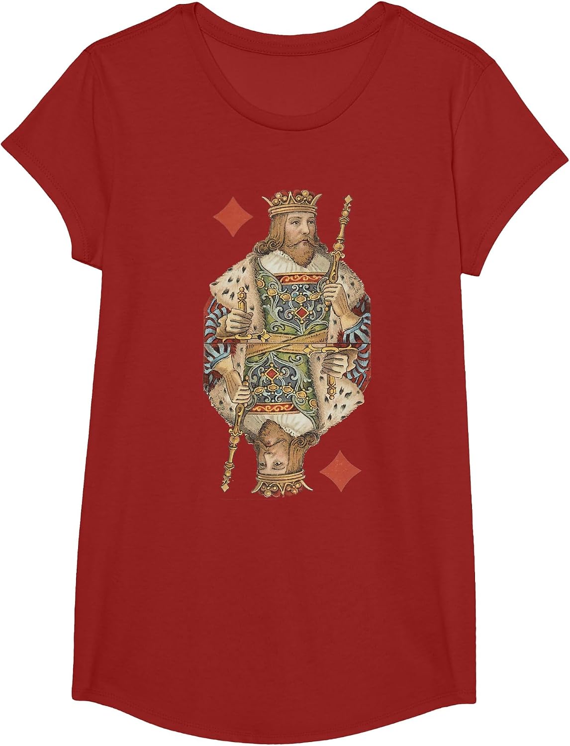 King of Diamonds Antique Art Nouveau Playing Card Art T-Shirt, Girls, Cranberry Red, Medium - As Pictured