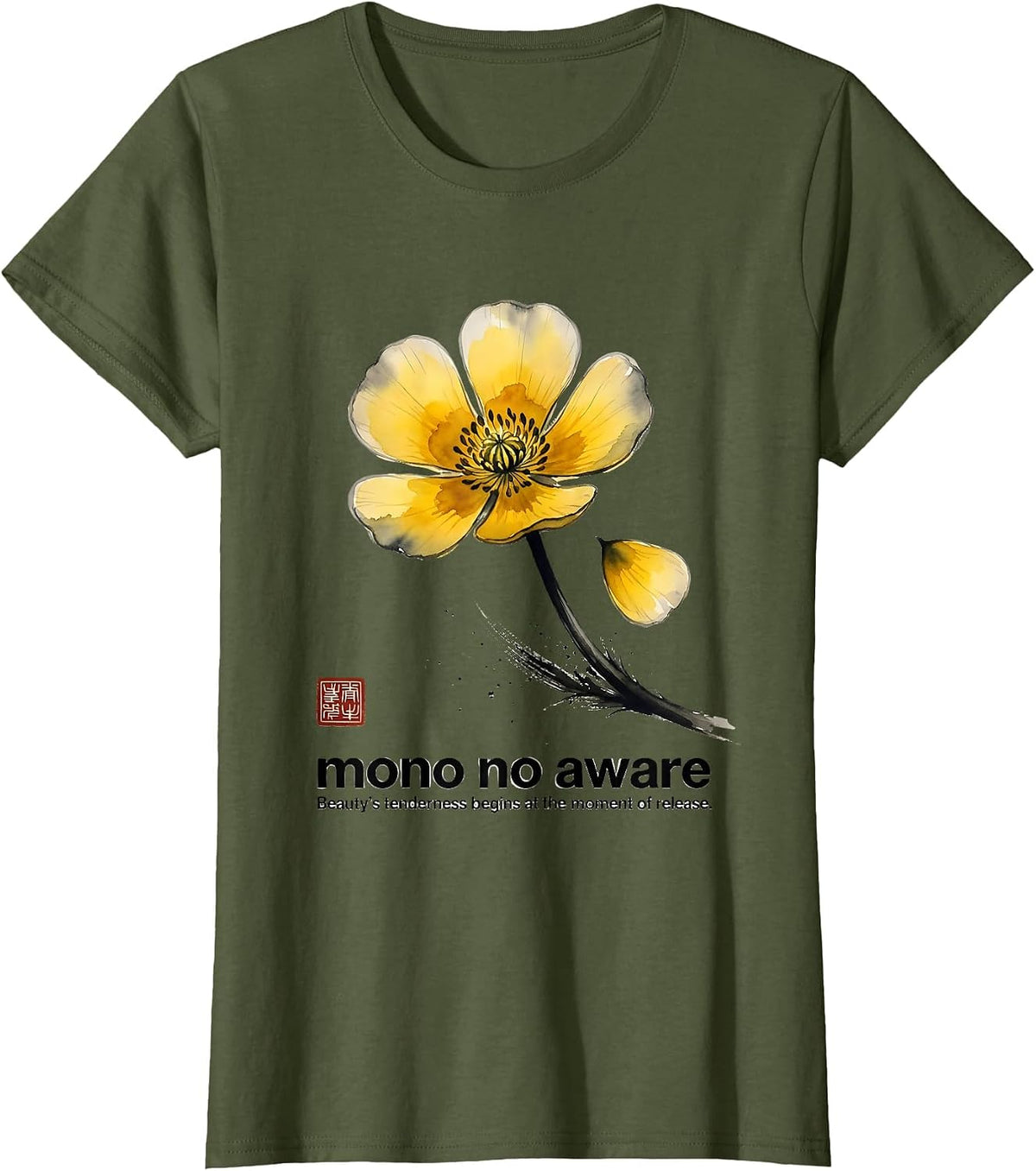 Women's mono no aware Japanese Philosophy T-Shirt - Olive Green
