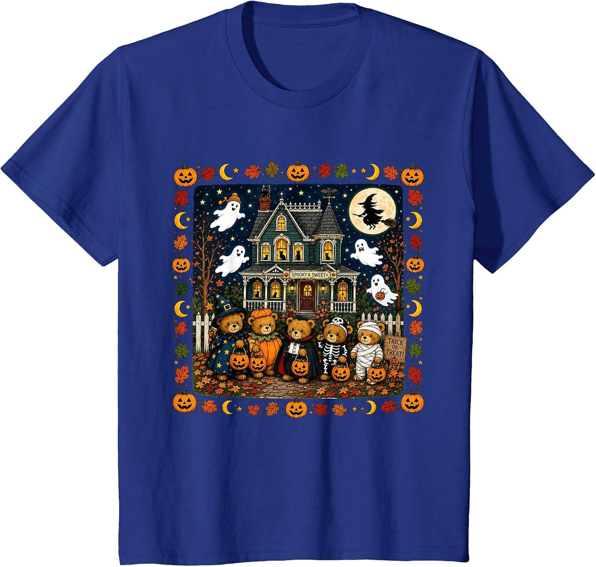 Cute Halloween Teddy Bears House Scene T-Shirt - Royal Blue
