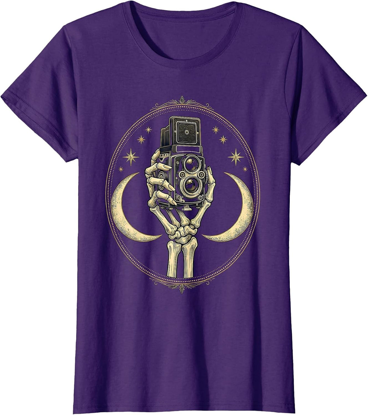 Women's Skeleton Hand Vintage Camera Photography Graphic T-Shirt - Purple