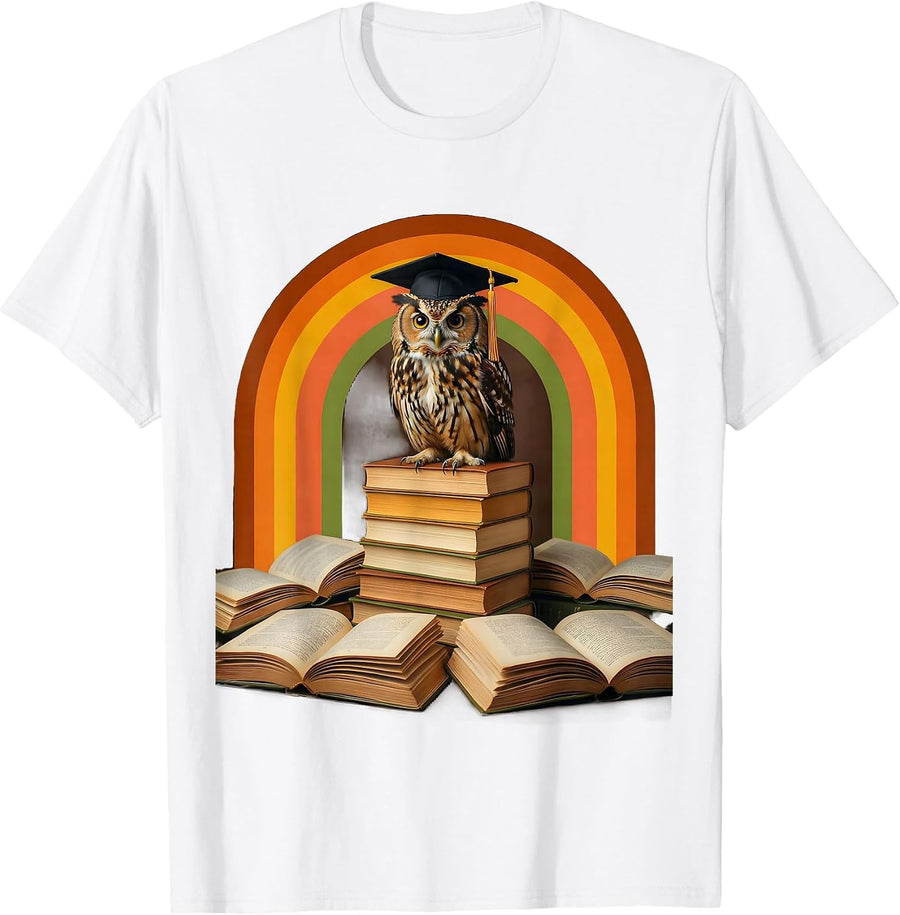 Owl Graduation Cap Books Reading Lover Gift T-Shirt - White