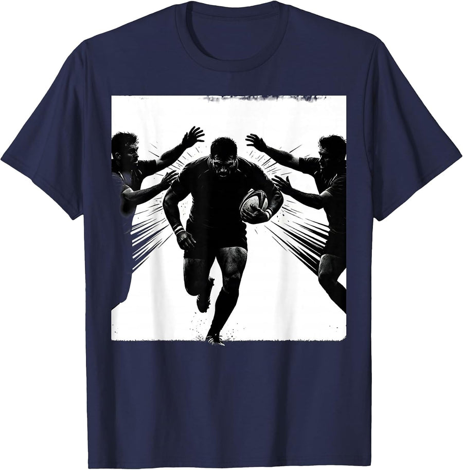 Rugby Player Breaking Through Tacklers Graphic T-Shirt - Navy Blue