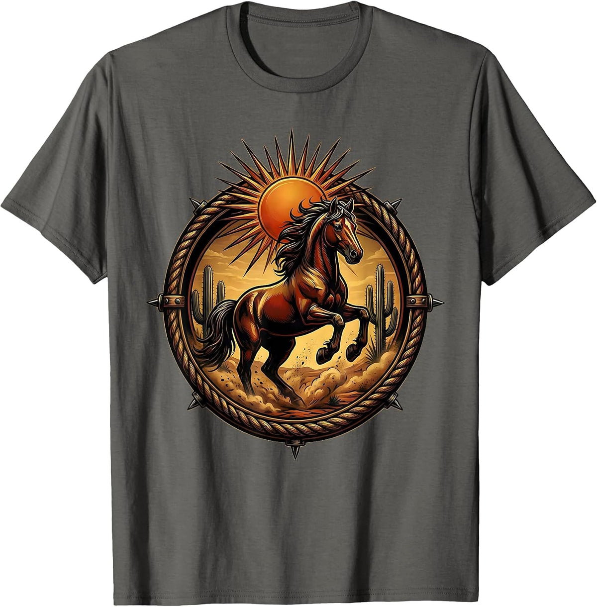 Horse Galloping Through Desert Dust Cowboy Tee T-Shirt - Asphalt Grey