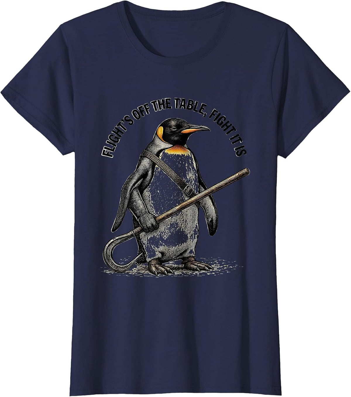 Women's Flight's Off The Table, Fight It Is Funny Penguin Martial T-Shirt - Navy Blue
