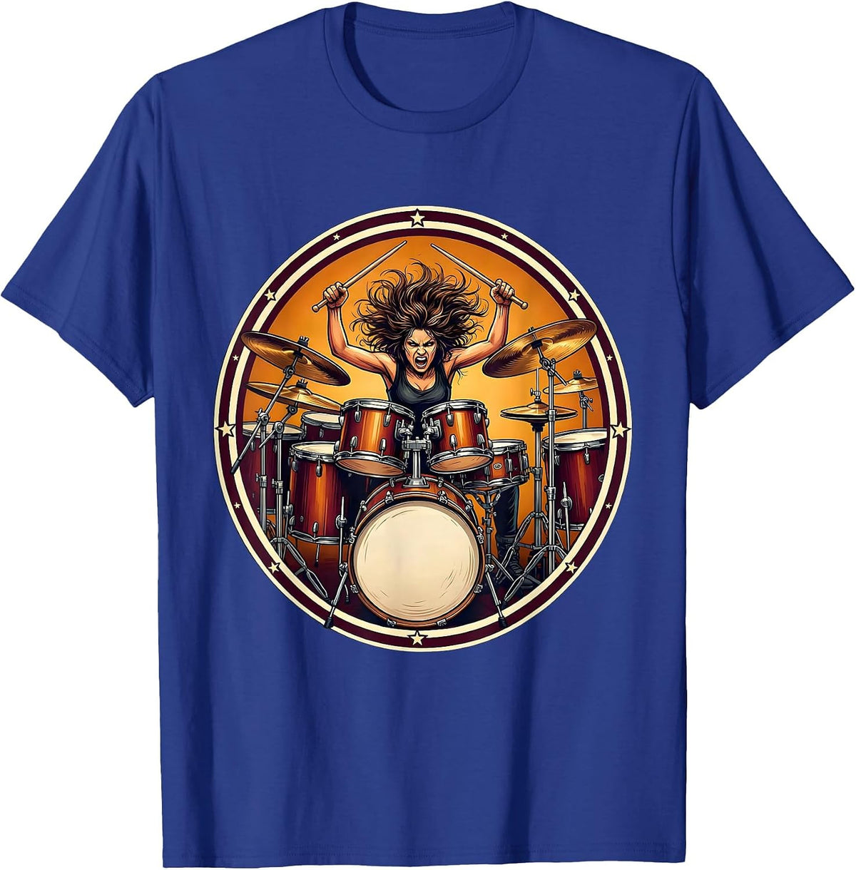 Drummer Girl Behind Massive Drum Kit Illustration T-Shirt - Royal Blue