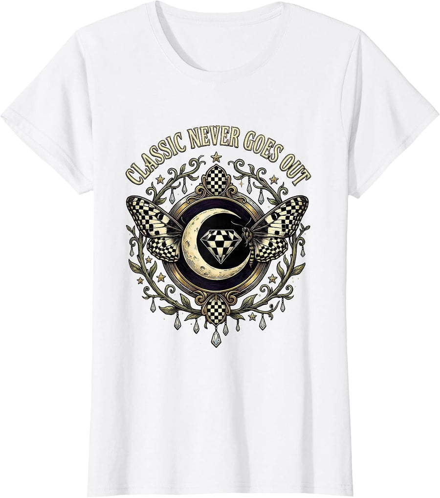 Women's Black and White Checkered Classic Never Goes Out T-Shirt - White
