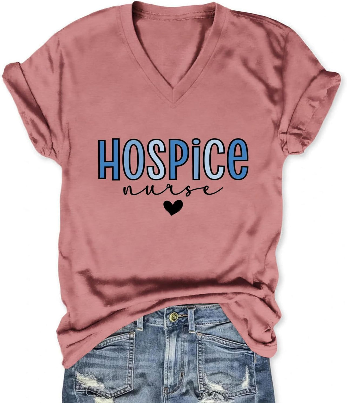 Hospice Nurse T-Shirt for Women Short Sleeve Letter Print Heart Graphic Tee Cute V Neck Nursing Student Top - Pink