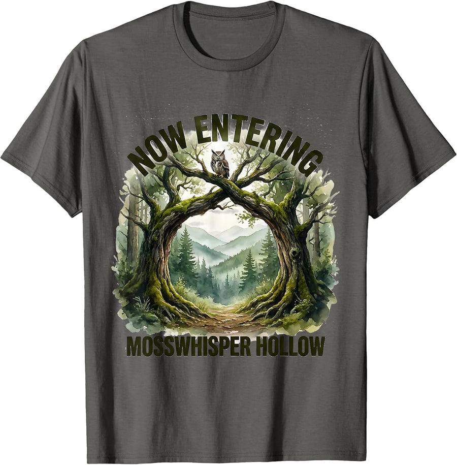 Now Entering Mosswhisper Hollow Watercolor Vintage Nature T-Shirt - Asphalt Grey