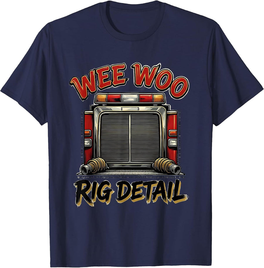 Wee Woo Rig Detail Funny Firefighter Fire Truck Humor T-Shirt - Navy Blue