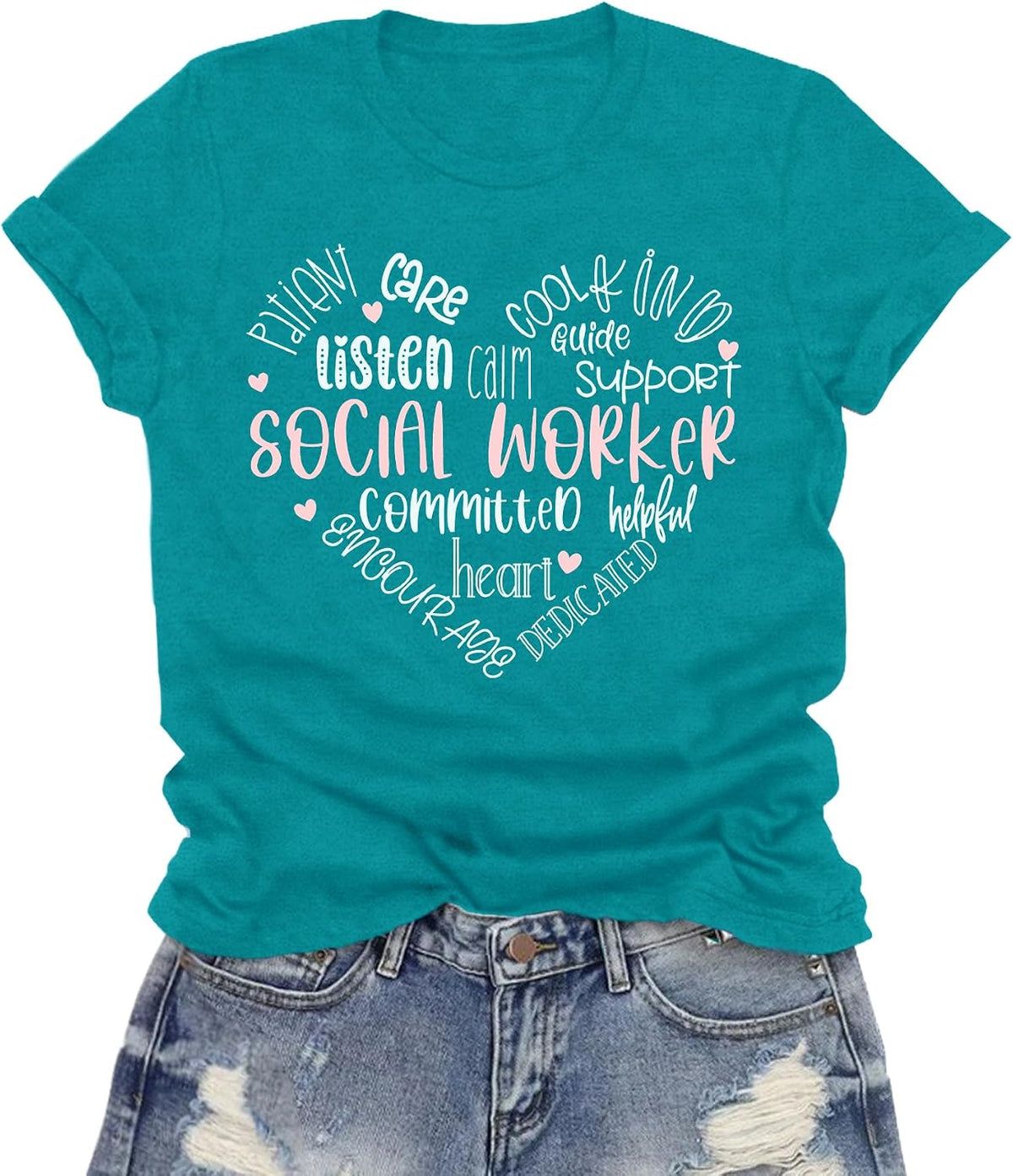 Womens Social Worker Shirt Social Work Life T-Shirts Cute Heart Tee Tops - Cyan