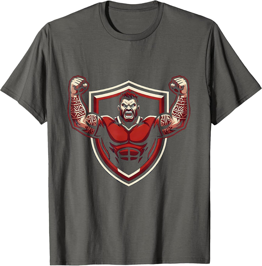 Rugby Player Tribal Tattoo Arms Raised Graphic T-Shirt - Asphalt Grey