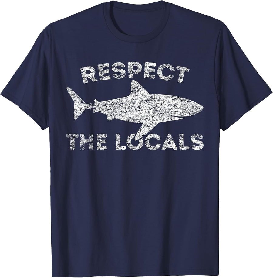 Funny Scuba Diving Respect Locals Vintage Distressed Shark T-Shirt - Navy Blue