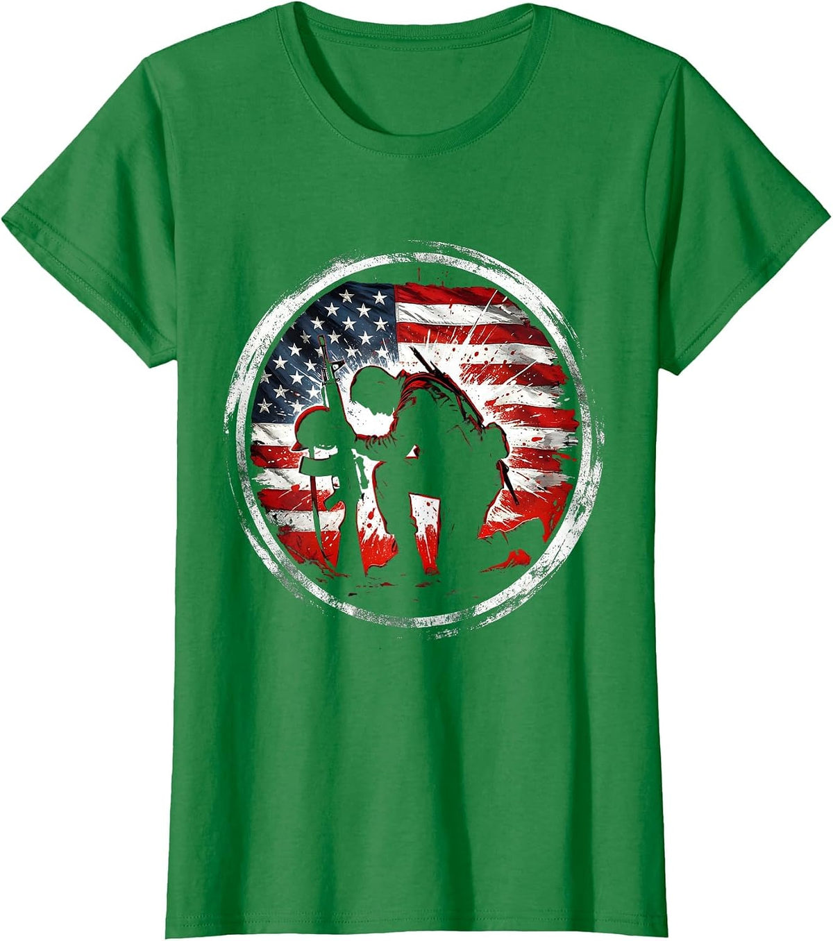 Soldier Kneeling Battlefield Cross Memorial Graphic T-Shirt - Kelly Green