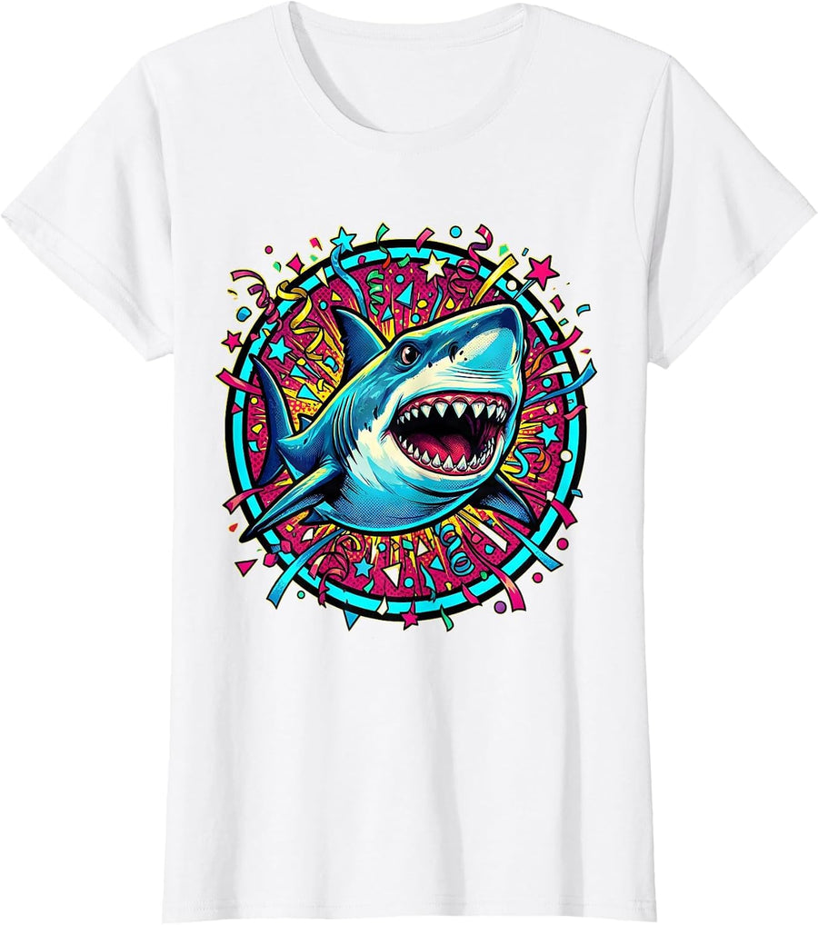 Women's Birthday Shark Confetti Ocean Celebration Design T-Shirt - White