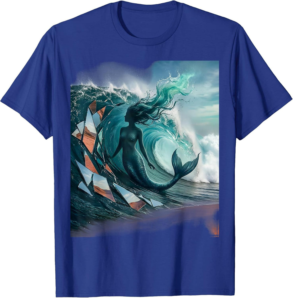 Mermaid Silhouette Ocean Wave Curl Graphic T-Shirt - Royal Blue