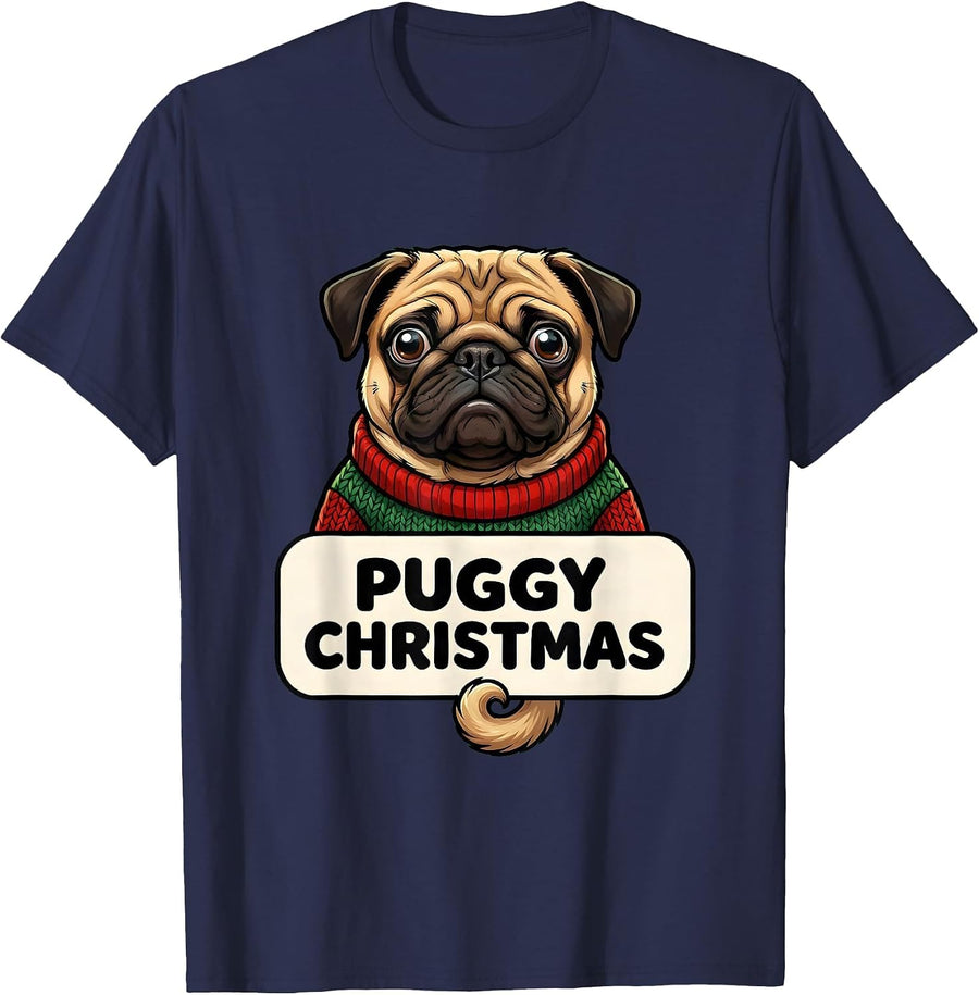 Puggy Christmas Cartoon Pug Holiday Humor Dog Lover T-Shirt - Navy Blue