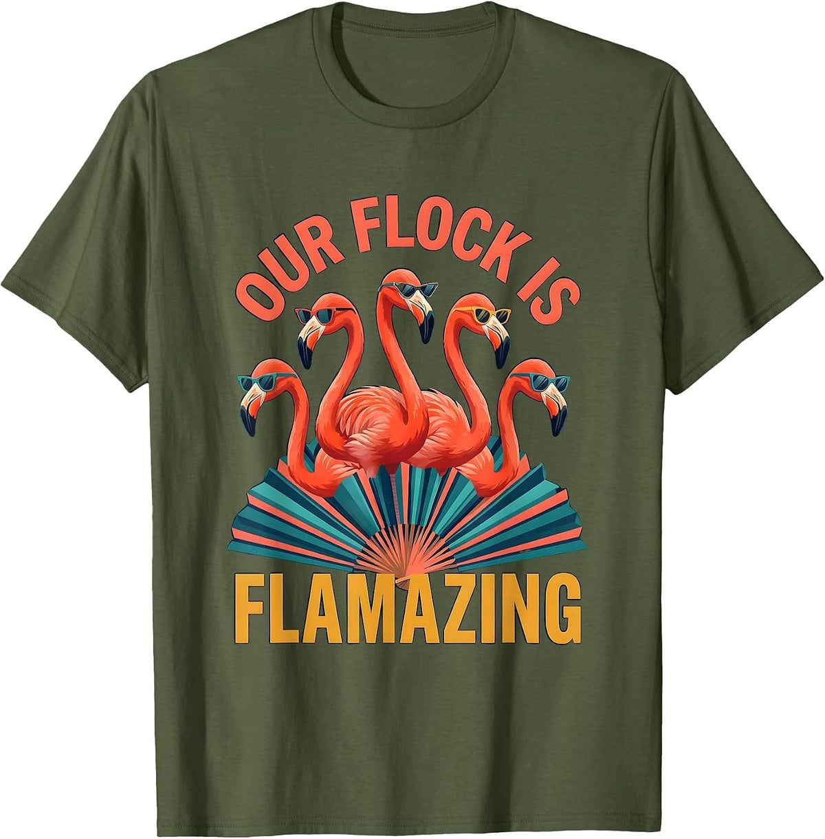 Our Flock Is Flamazing Flat Vector Flamingo Sunglasses T-Shirt - Olive Green