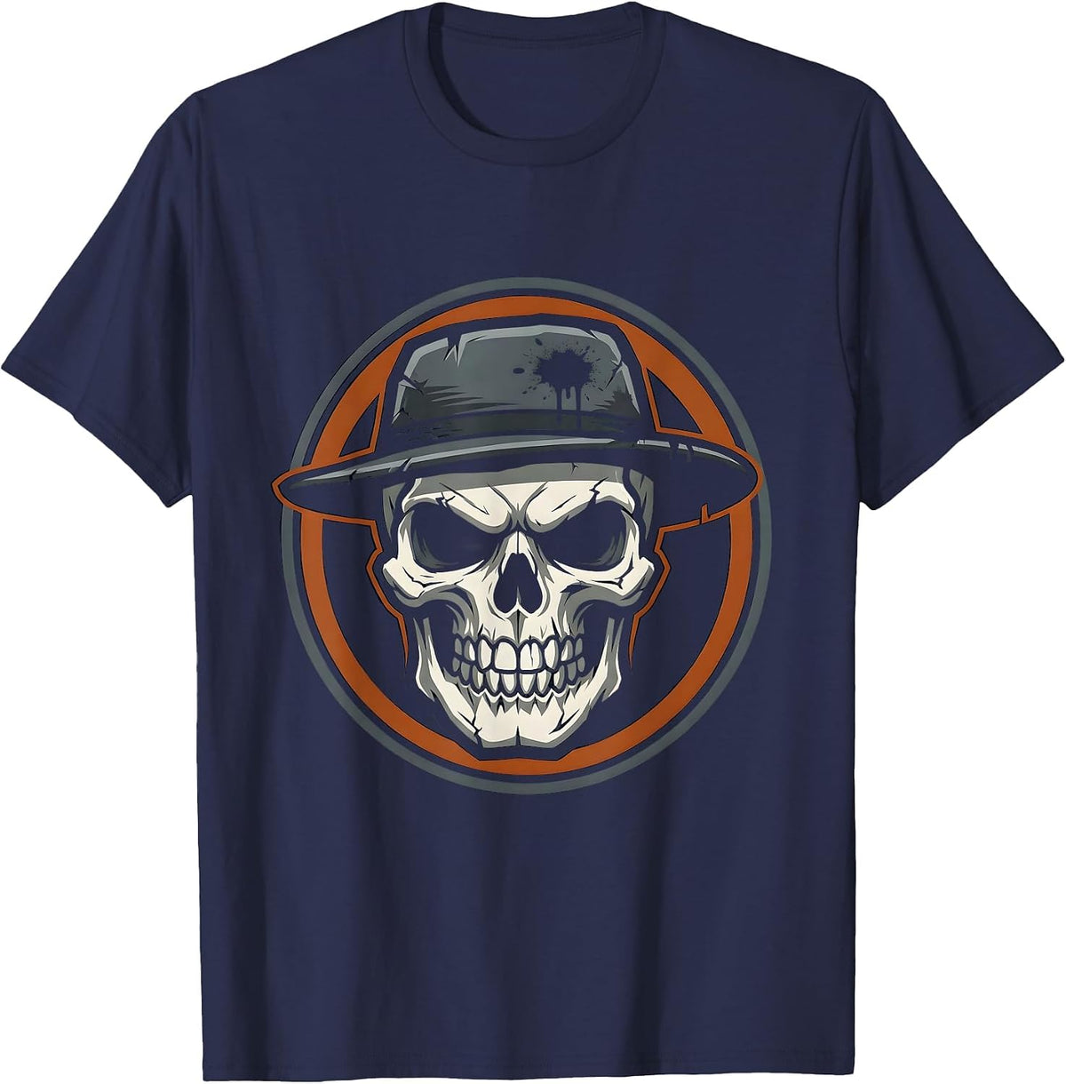 Skull Mechanic Cap Oil Stained Graphic Tee T-Shirt - Navy Blue