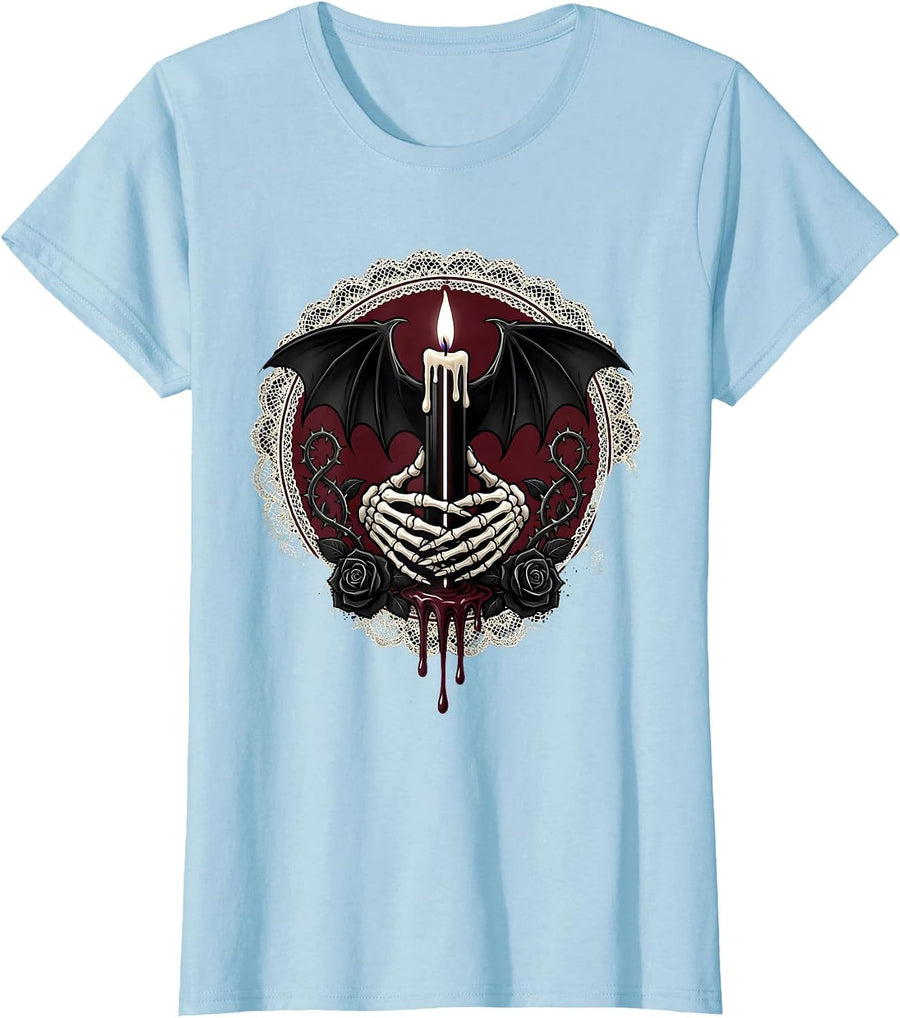 Women's Melting Black Candle Emo Gothic Hand Art T-Shirt - Baby Blue