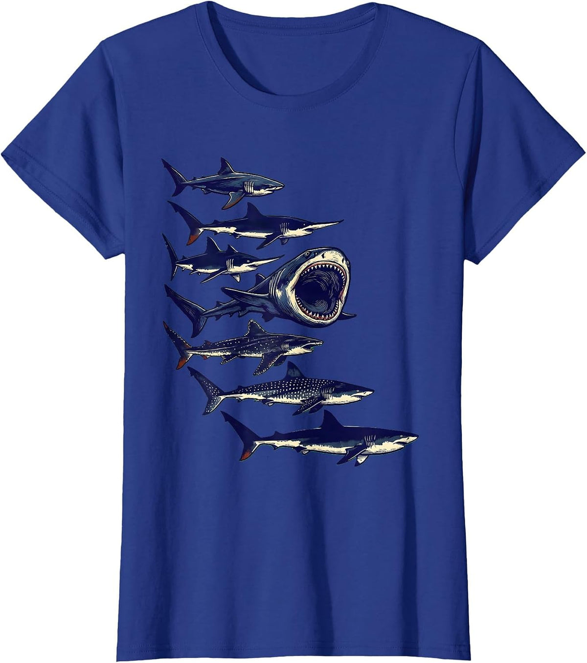 Women's Shark Species Linocut Marine Biology Ocean Lover Humor T-Shirt - Royal Blue