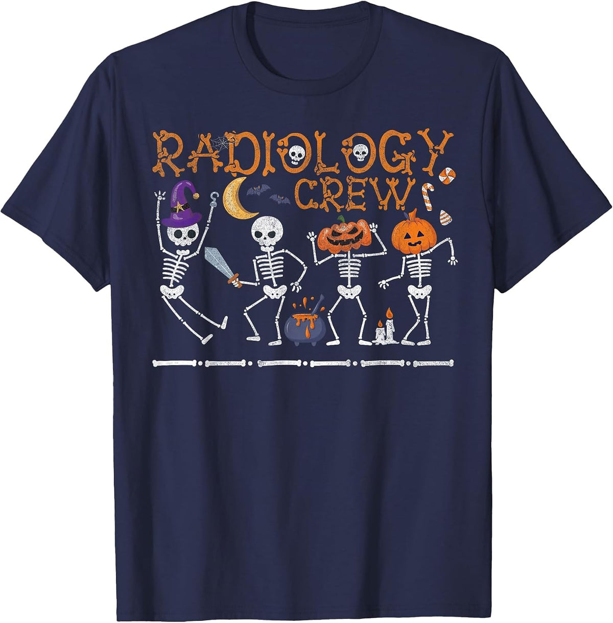 Radiology Crew Dancing Skeleton Funny Halloween Party T-Shirt - Navy Blue