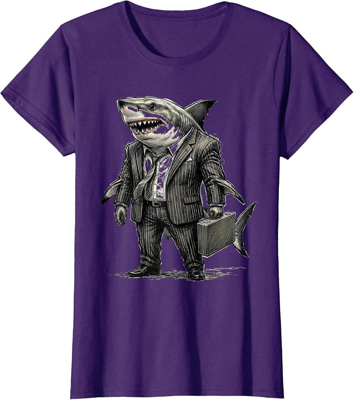 Women's Shark in Business Suit Novelty Graphic Design T-Shirt - Purple