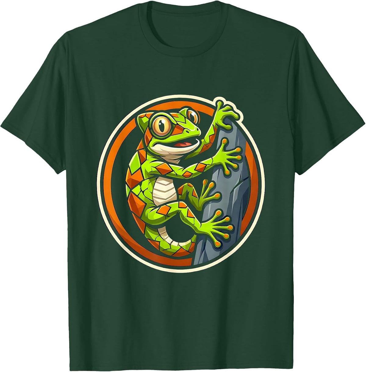 Vivid Gecko Climbing Animal Print Graphic T-Shirt - Dark Green