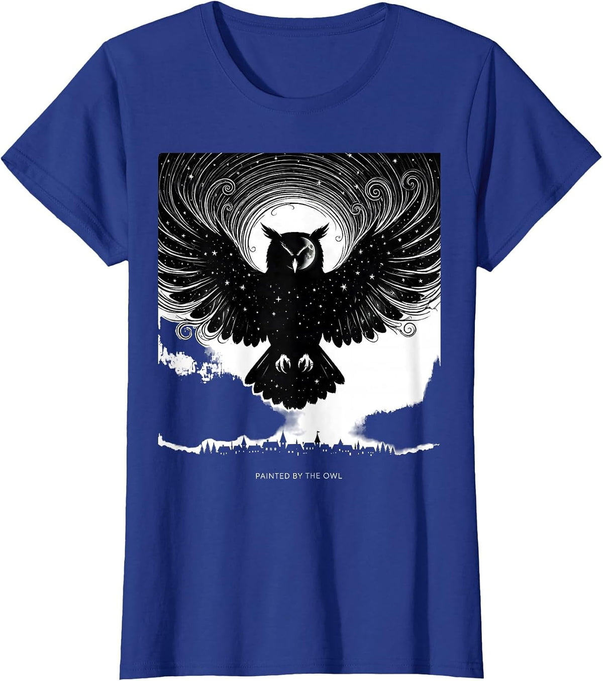 Women's Painted By The Owl Whimsical Van Gogh Cat Lover Silhouette T-Shirt - Royal Blue