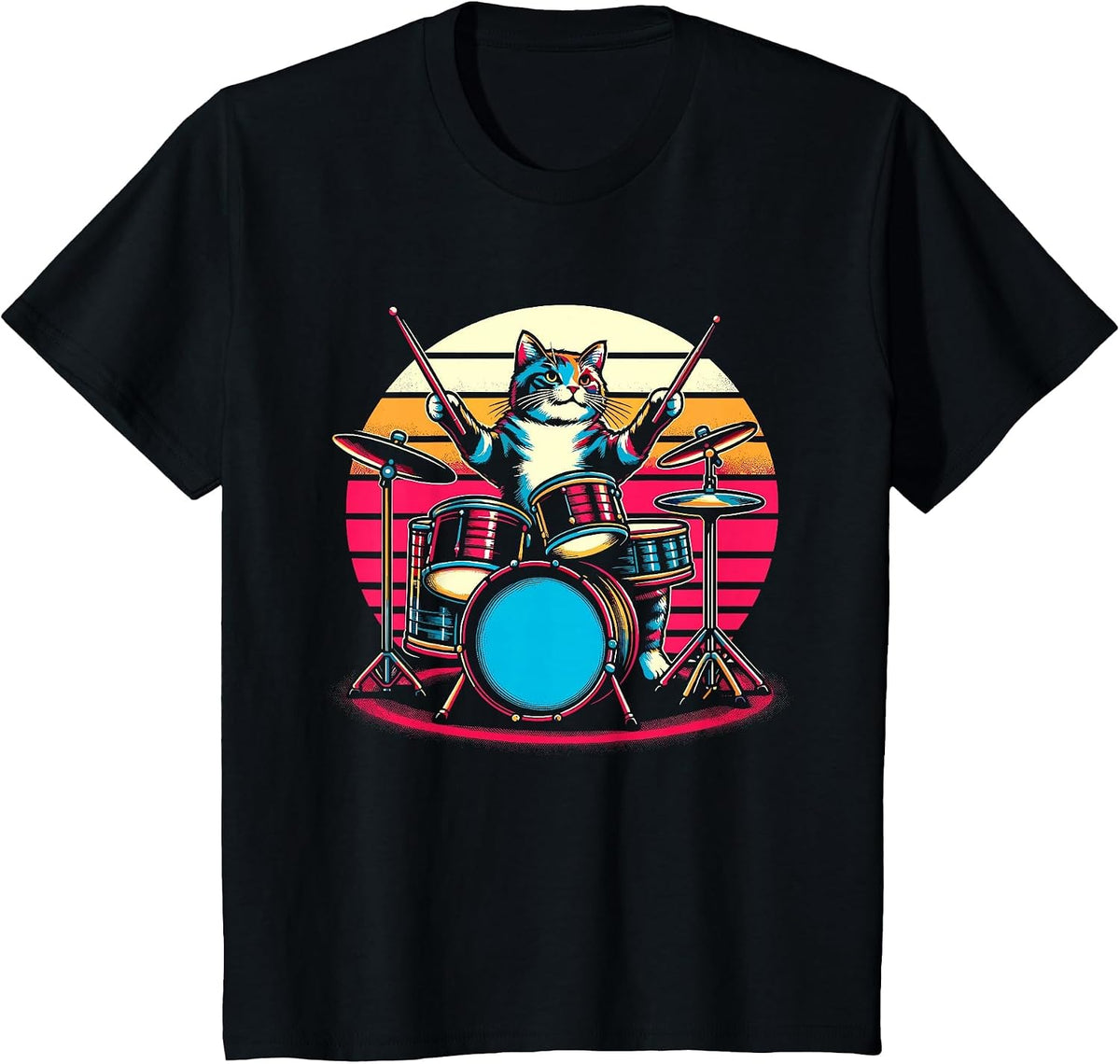 Cat Playing Drums Drummer Novelty Music Lover Funny Drummer T-Shirt - Black
