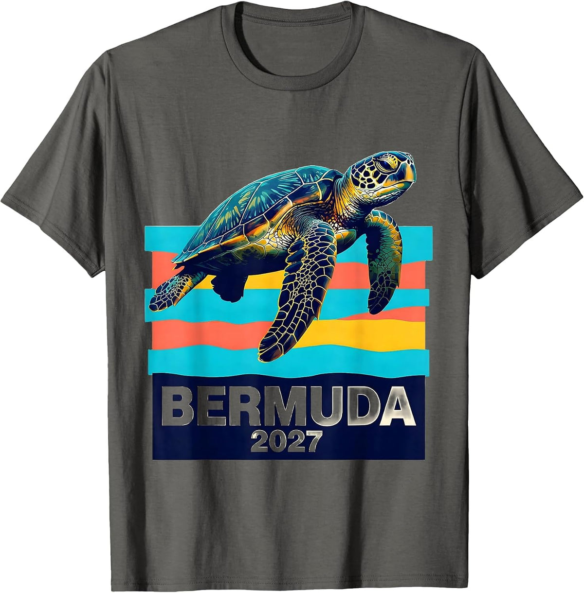 Men's Bermuda 2027 Screenprint Sea Turtle Tropical Vacation T-Shirt - Asphalt Grey