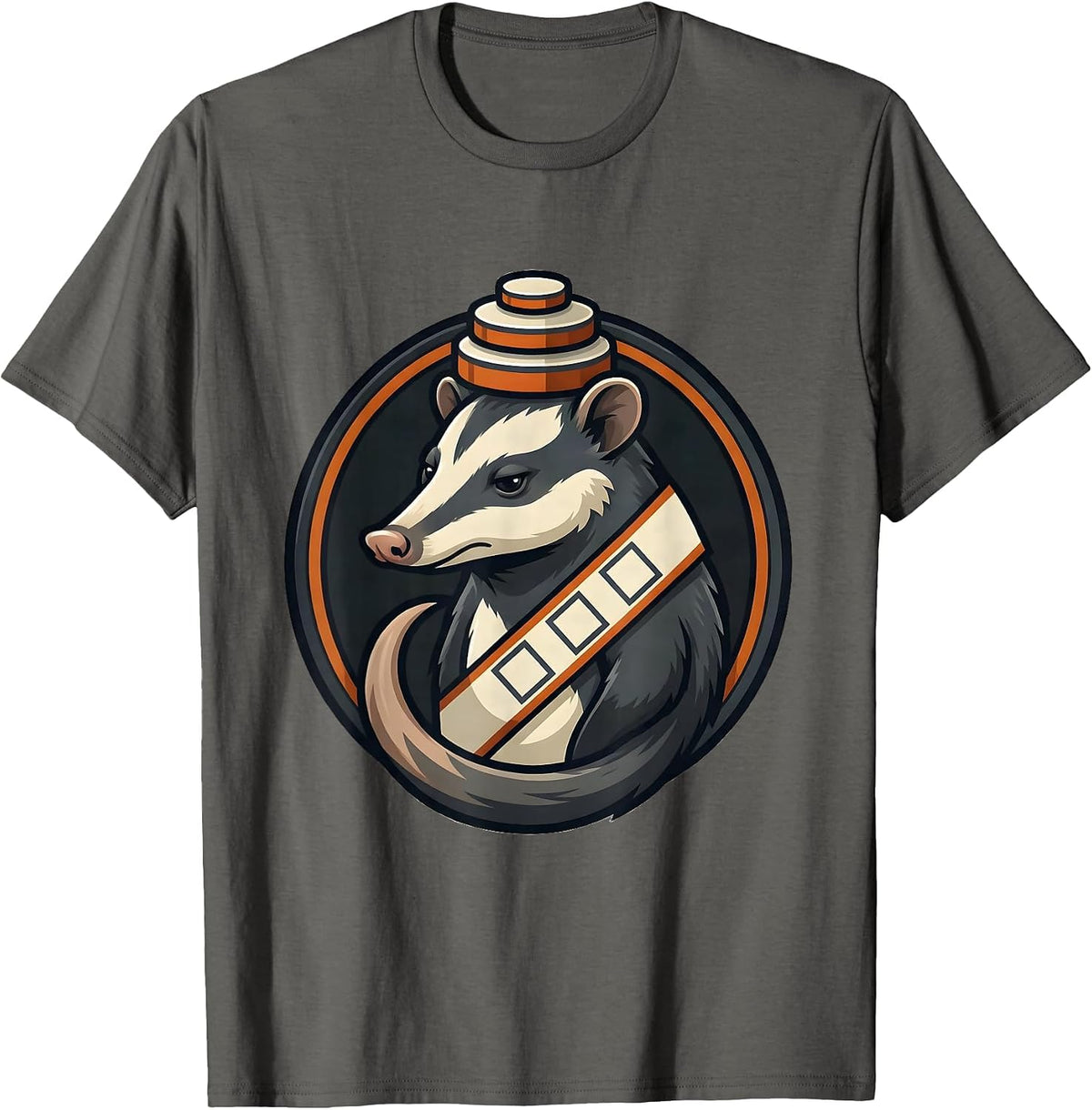 Badge-Locked Opossum Mascot Thanksgiving Humor T-Shirt - Asphalt Grey