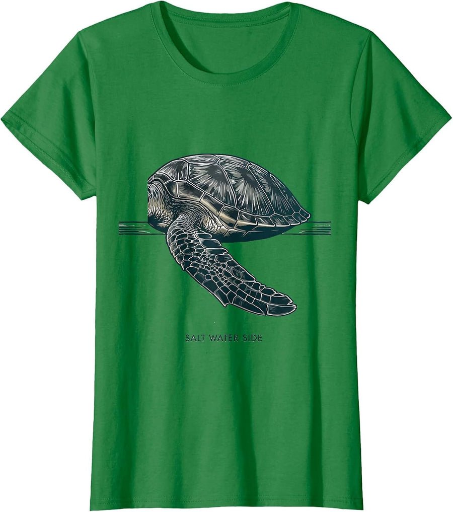 Women's Salt Water Side Minimalist Sea Turtle Ocean Animal Lover T-Shirt - Kelly Green