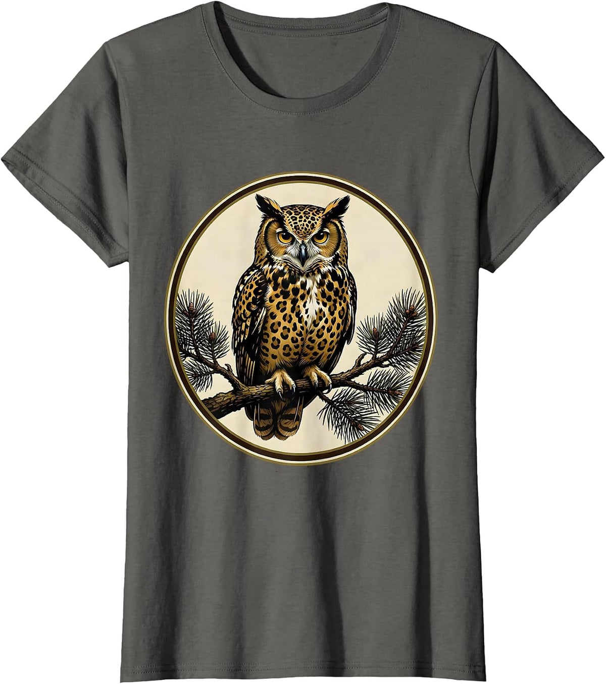 Women's Camo Owl Perched on Pine Branch Design T-Shirt - Asphalt Grey