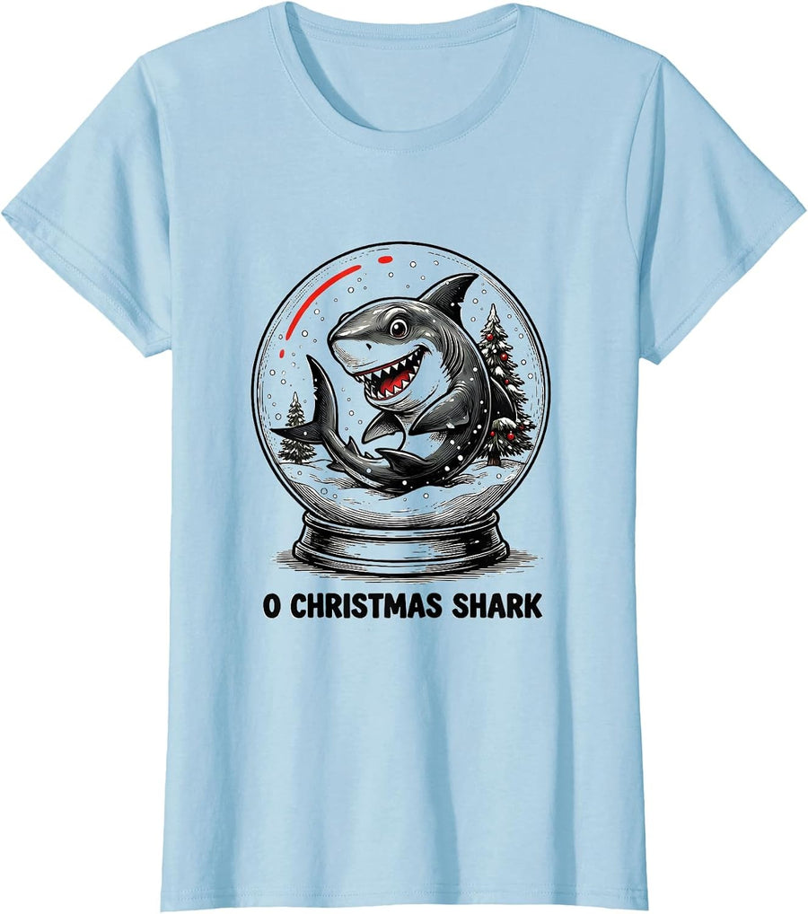 Women's O Christmas Shark Funny Shark Lover Christmas Pun Novelty T-Shirt - Baby Blue