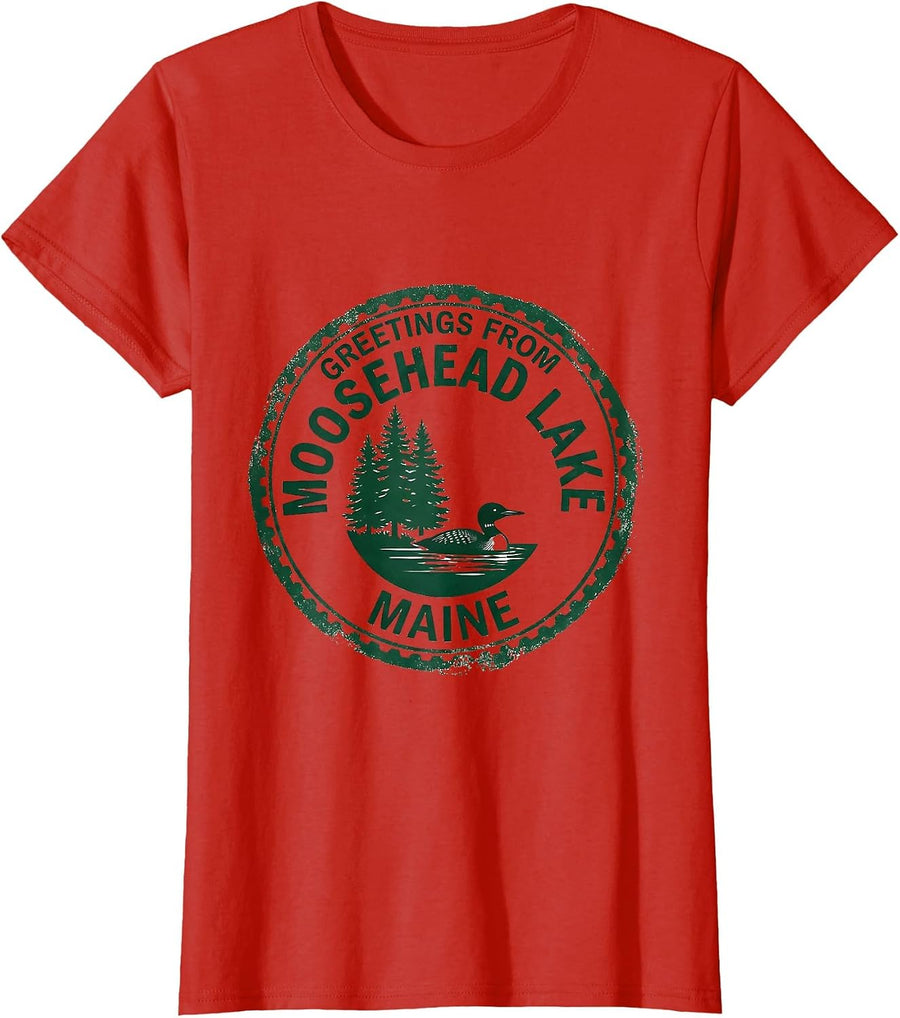 Women's Greetings From Moosehead Lake Maine Vintage Rubber Stamp T-Shirt - Red