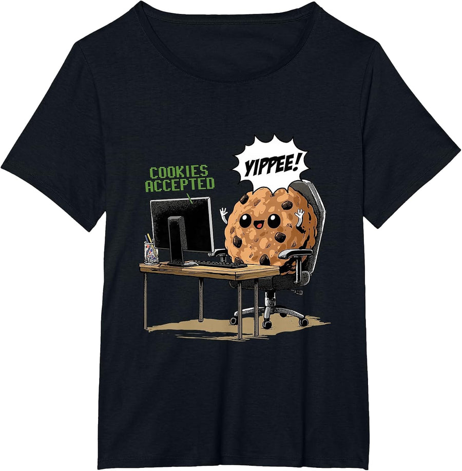 Cookies Accepted Nerd Shirt Funny Computer Internet Coder T-Shirt, Women's Plus, Black, 4X - As Pictured