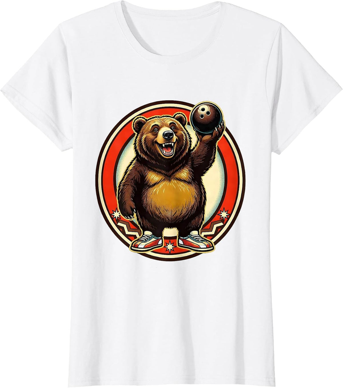 Women's Bear Bowling Illustration Funny Bowling Graphic T-Shirt - White